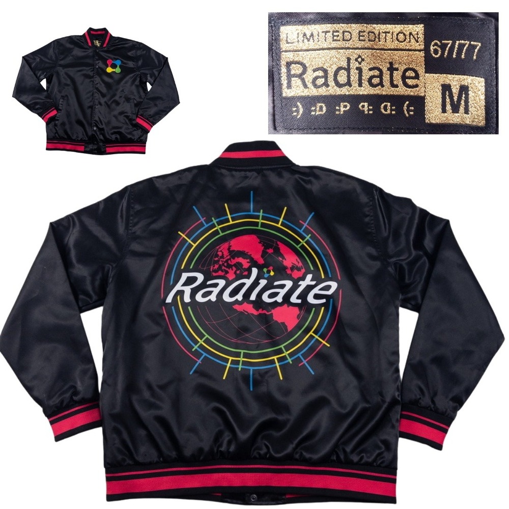 Radiate Satin Bomber Jacket Mens M Black Limited Edition 67/77 Nightclub Rave